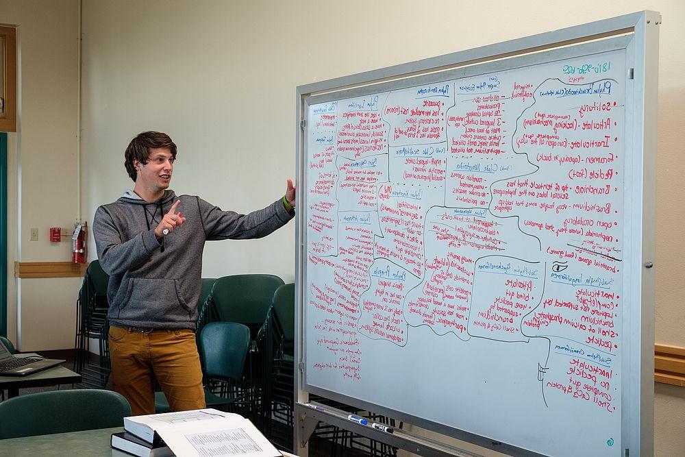 Student explains information using whiteboard covered in writing.